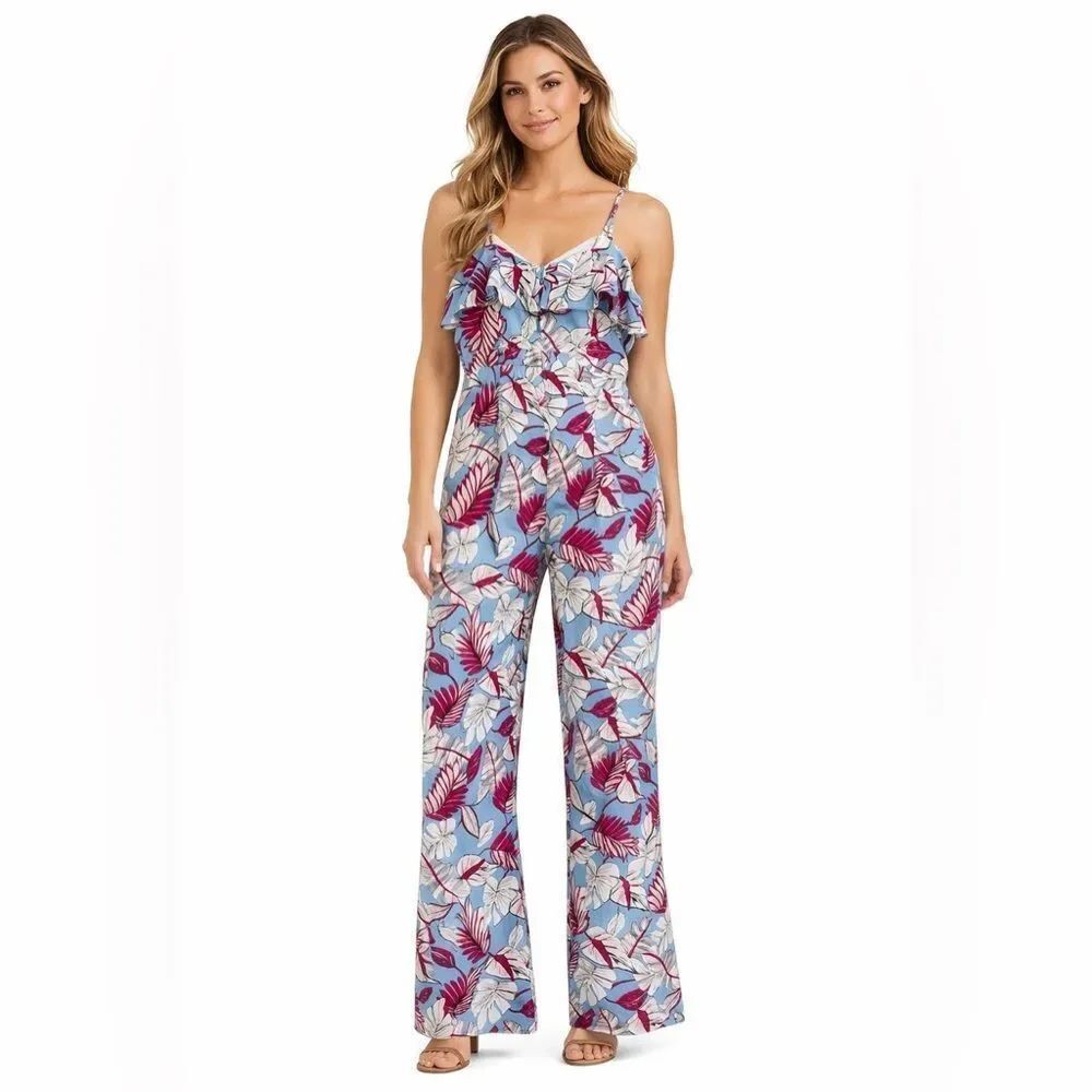 NWT Latiste Women's Ruffle Blue Multicolor Tropical Floral Jumpsuit Size Large